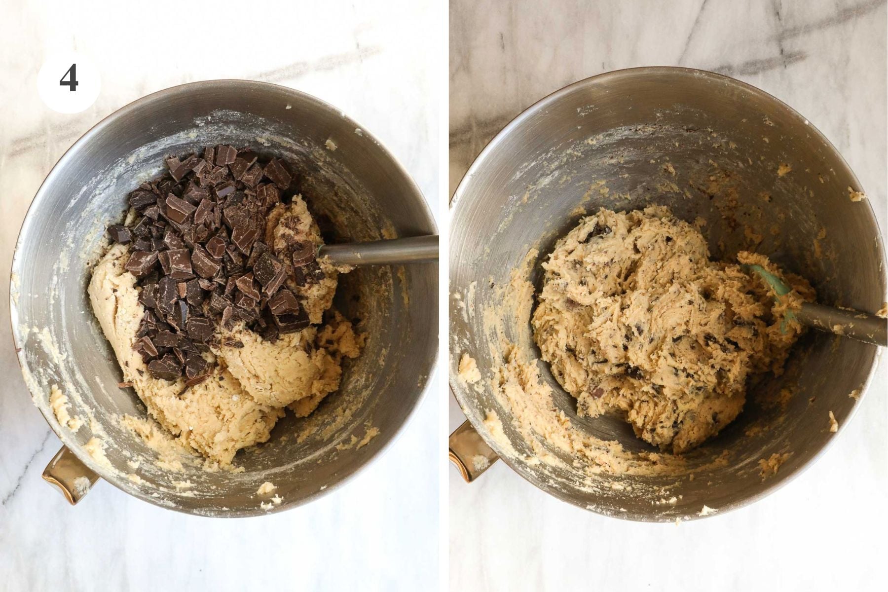 The bowl of a stand mixer with the cookie dough and the chopped chocolate added on top and then mixed into the dough.