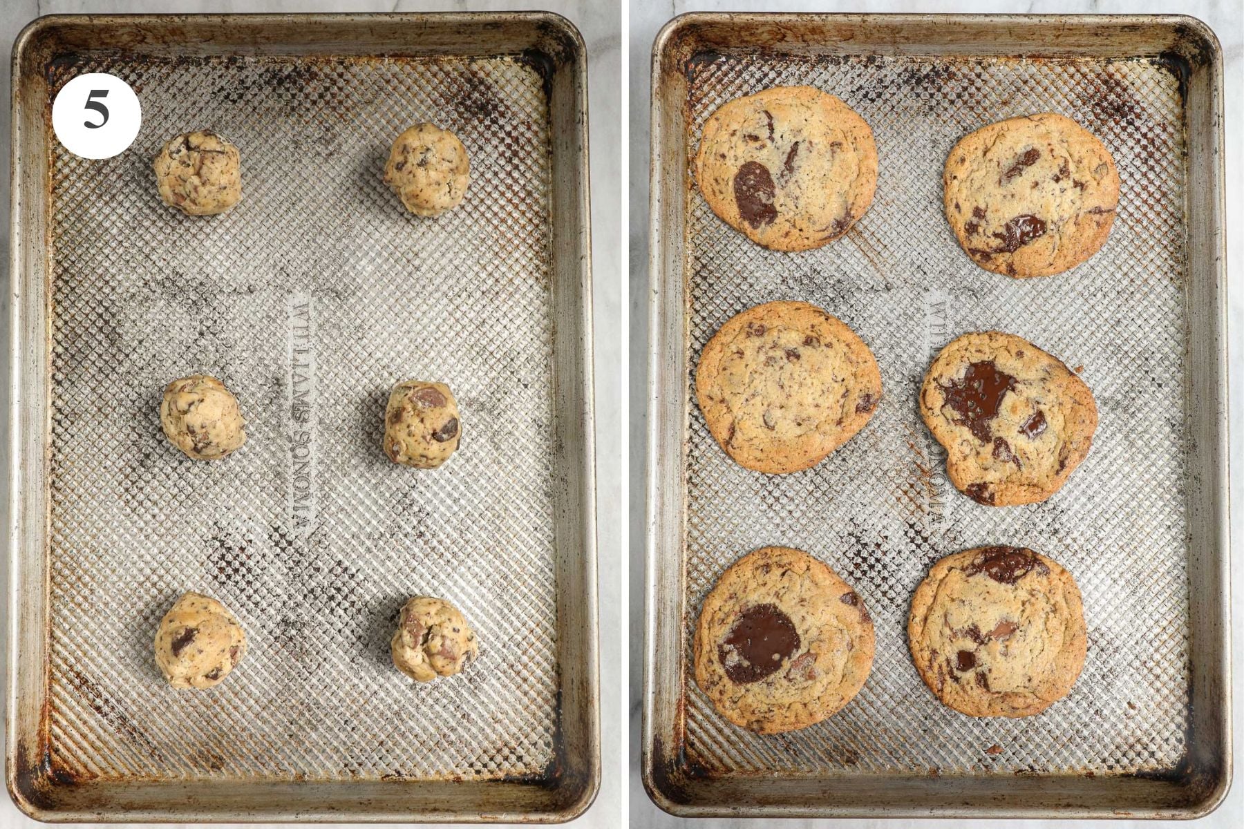 Chocolate chip cookies dough on a baking sheet before and after being baked in the oven.