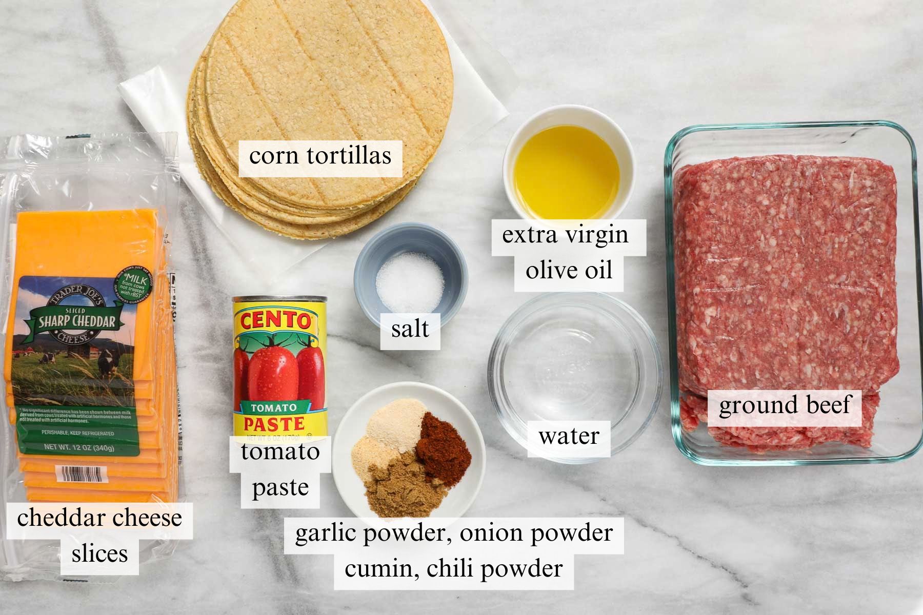 The ingredients needed to make Oven Baked Crispy Chili Tacos with Ground Beef.