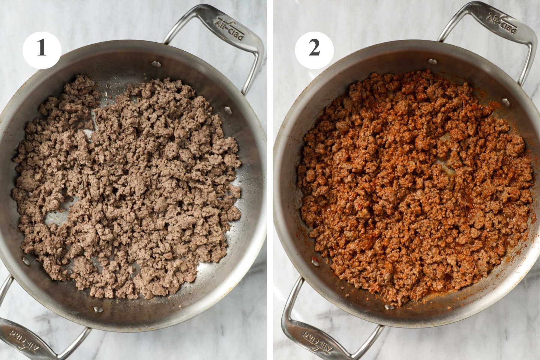 A large sauté pan with ground beef after being browned and after adding the tomato paste and spices.