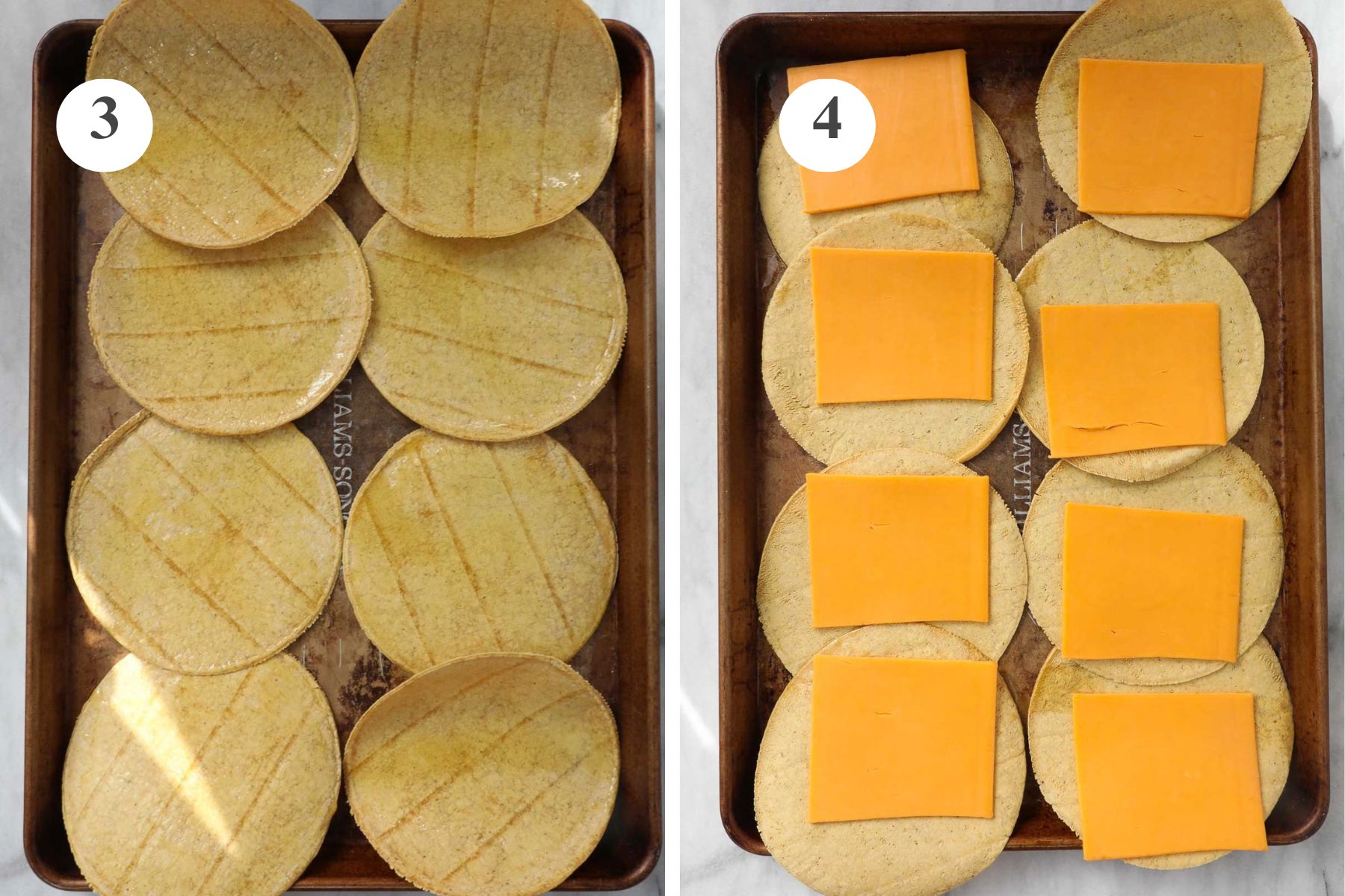 A gold baking sheet with 8 tortillas arranged and coated in olive oil and the same tortillas flipped upside down and layered with slices of cheddar cheese.