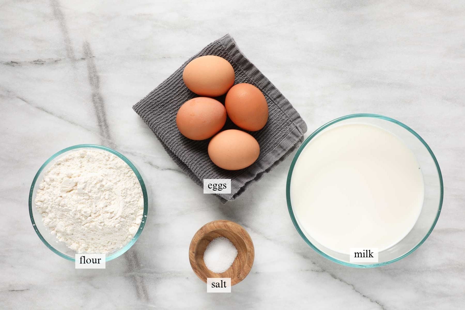 The ingredients needed to make popovers in a muffin tin.