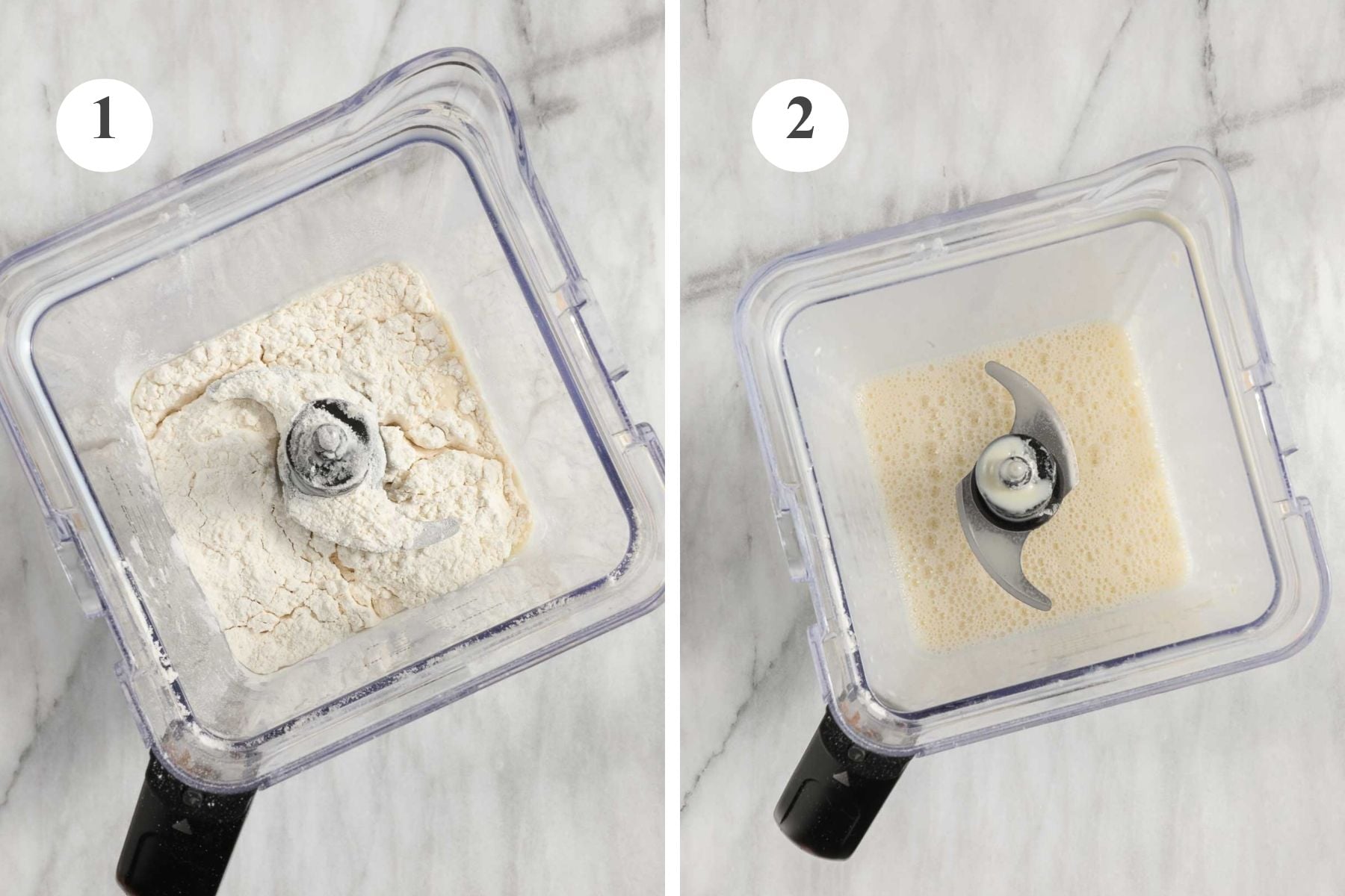 The popover ingredients in a blender before and after being blended together.