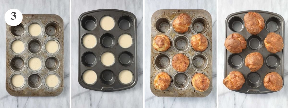 Popover batter in two muffin tins with every other cup filled before and after baking in the oven.