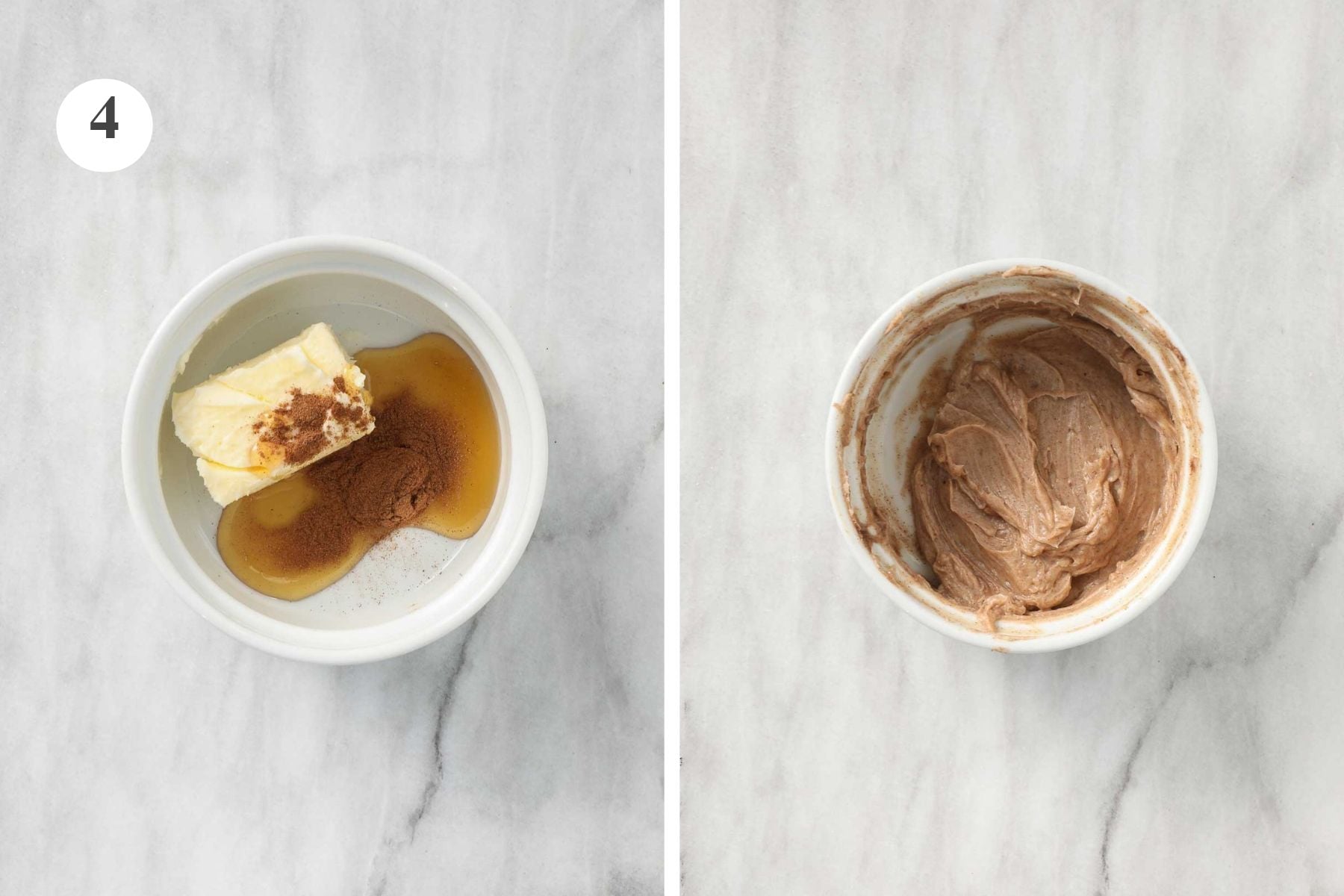 Butter, cinnamon, and honey in a small white ramekin before and after being combined.