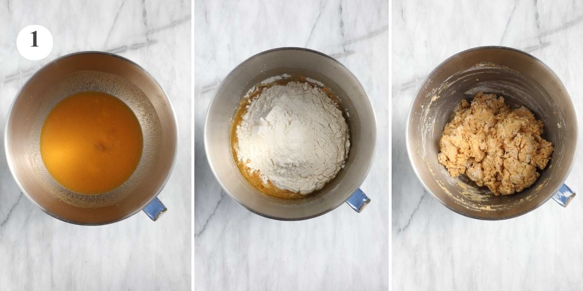 The bowl of a stand mixer with the wet ingredients combined, the salt and flour added, and after wet and dry ingredients have been roughly combined.