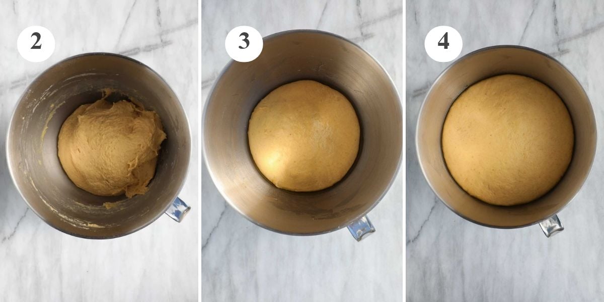 The Pumpkin Roll Dough after being kneaded with the stand mixer, shaped into a ball, and after rising for over an hour.